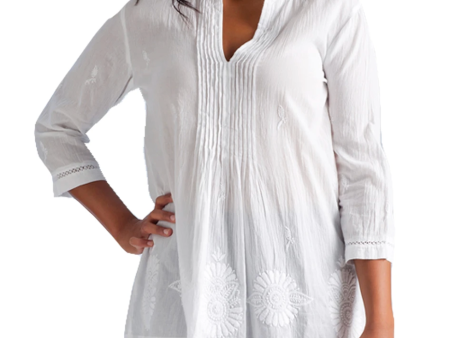 Floral Embroidered White Cotton Pleated Top Cheap