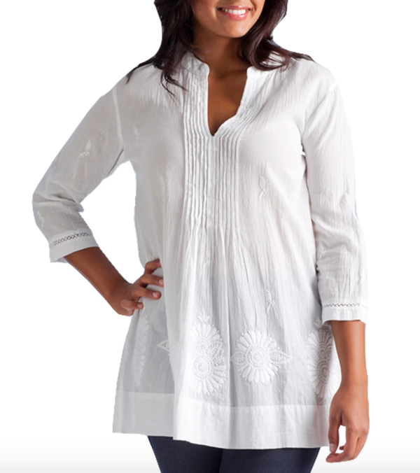 Floral Embroidered White Cotton Pleated Top Cheap