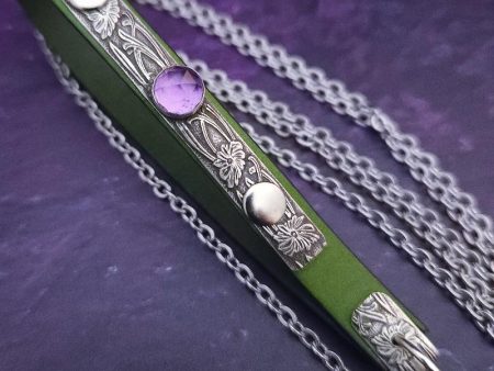 READY TO SHIP, PET LEASH for Submissive, Sterling Silver, Green Leather and Amethyst, One of A Kind For Discount