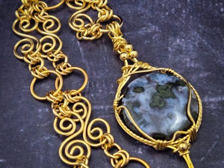 SOLD - READY TO SHIP INFINITY SOFT LOCKING CHAIN COLLAR, Gold with Ocean Jasper, One of A Kind Online Sale