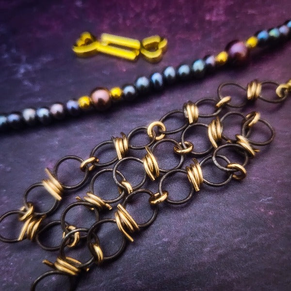 READY TO SHIP - BARBS & PEARLS, Brambles Locking Collar, Blackened Sterling, 14K Gold-Filled Freshwater, 24 inches Online now