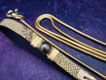 PET LEASH for Submissive, Golden Snakeskin Leather and Pyrite Gemstone, Limited Edition of 3 Supply