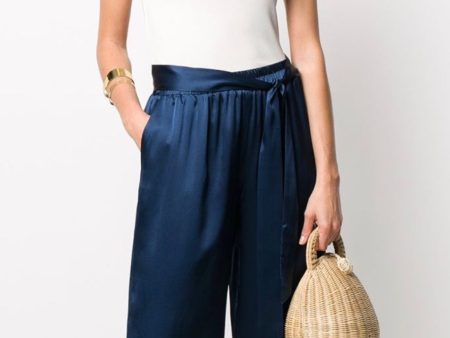 Gold Hawk Slit Silk Wide-Leg Pant - Navy Hot on Sale